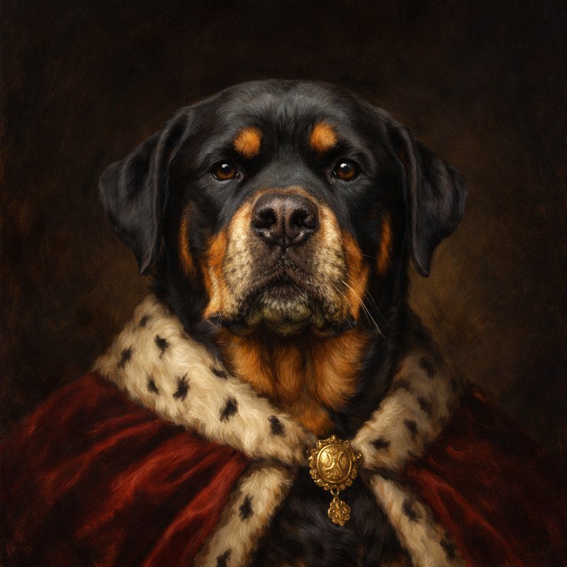 Rottweiler als koninklijk portret met rode cape en hermelijnen kraag